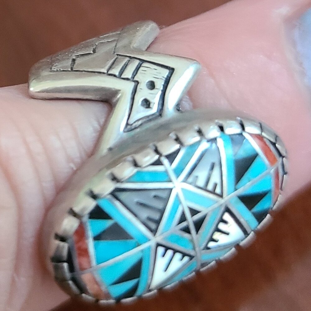 Sterling silver inlaid ring RMT Pollack Native American sz  7.5